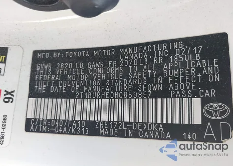 2017 Toyota Corolla L z USA, uszkodzony, nr VIN 2T1BURHE0HC859897